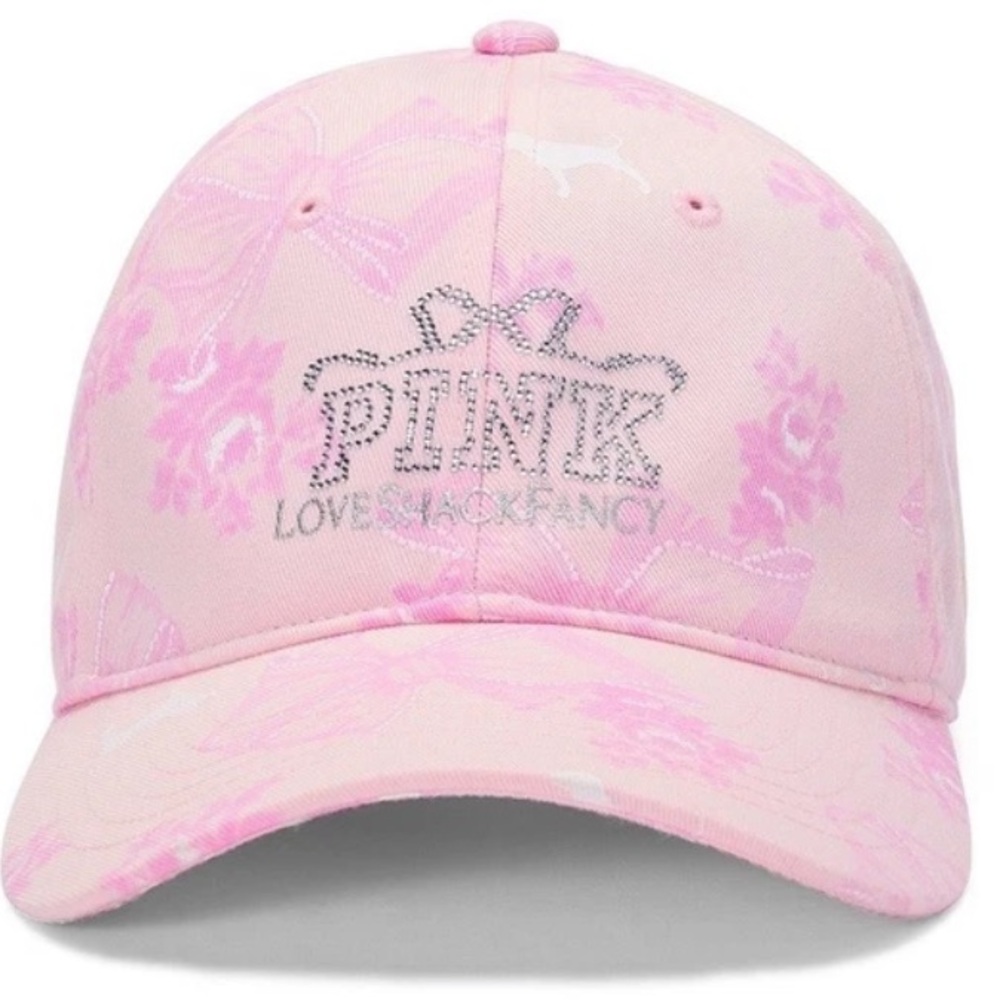 Victoria's Secret Pink x LoveShackFancy Crystal Bow Logo Bling Baseball Hat